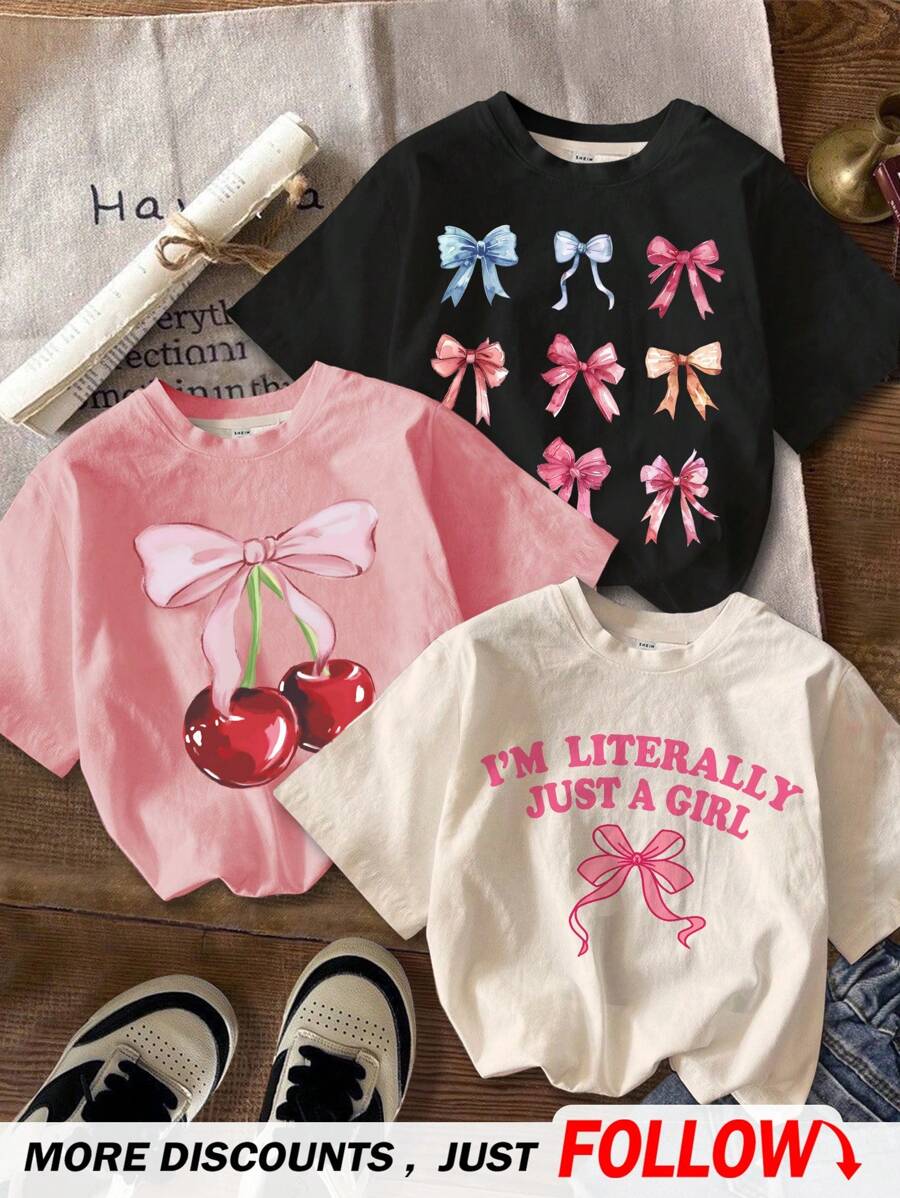 SHEIN 3pcs Set Young Girl Casual Bow & Cherry Print Round Neck Short Sleeve T-Shirts, Suitable For Spring/Summer - Multicolor - View 1