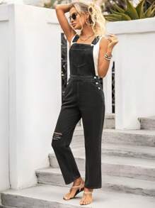 EMERY ROSE Women's Distressed Wide Leg Relaxed Fit Denim Overalls - Black - View 3