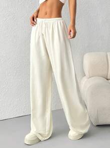 SHEIN EZwear 女士休闲抽绳腰宽松阔腿运动裤 - 米色 - 查看 3