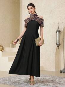Al Najma Women's Elegant Contrast Color Off Shoulder A-Line Dress, Summer - Black - View 6