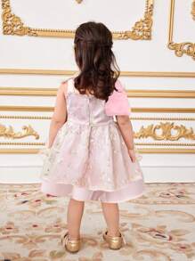 SHEIN Vestido de fiesta elegante y lindo para niña bebé con bordado floral de satén y decoración de tul con lazo - Multicolor - Ver 2