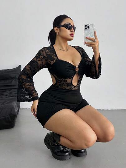 POPSWAY 大码女式蕾丝连体衣、夏季连体裤