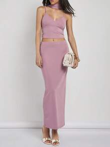 COSMINA Women's Simple Cropped Camisole Top And Split Hem Skirt 2 Pieces Set, Summer - Dusty Pink - View 1