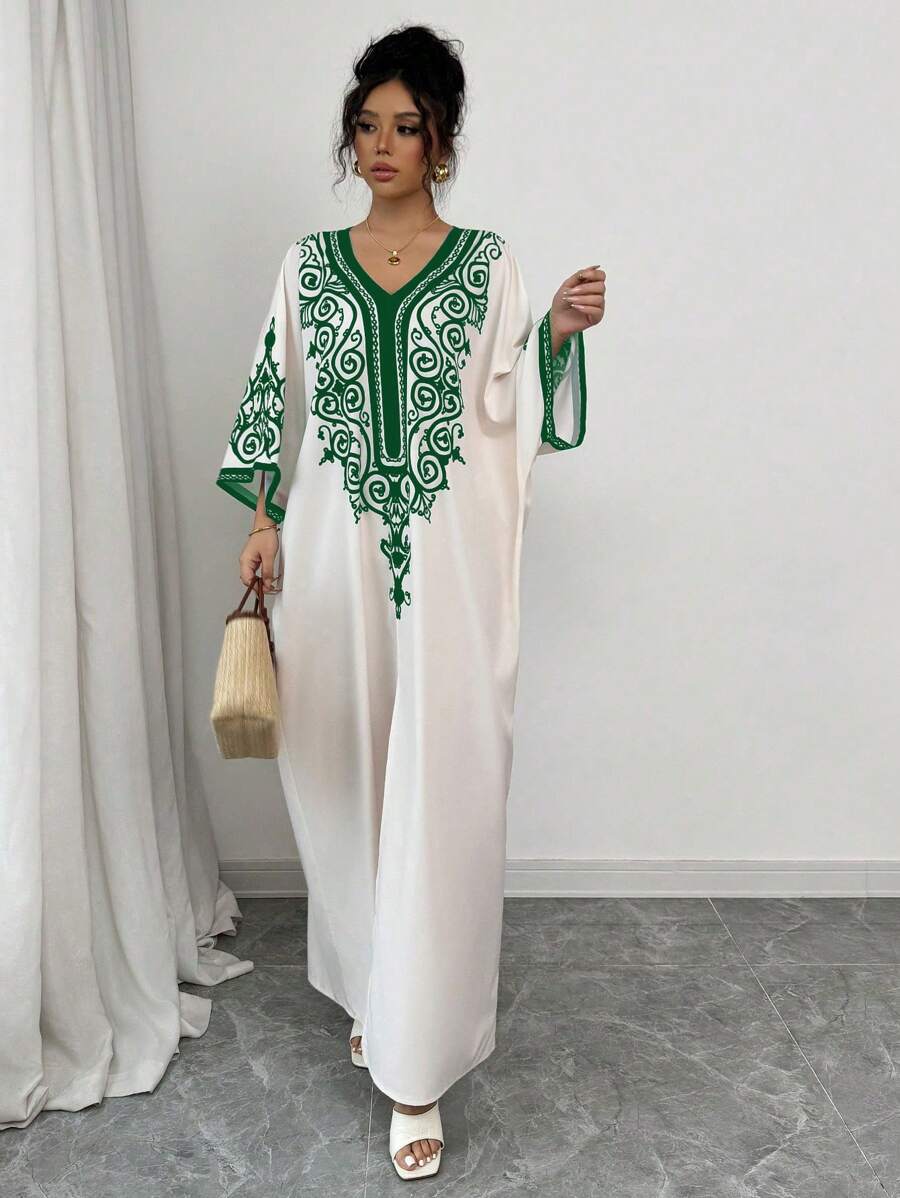 Chiquease Women's V-Neck Placement Printed Batwing Sleeve Slit Dress - Apricot - View 1