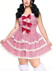 ROMWE Kawaii 大码女式 Cottagecore 可爱蝴蝶结蕾丝边红白格子印花连衣裙 - 酒紅色 - 查看 1