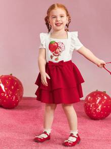 Strawberry Shortcake X SHEIN Set da ragazza giovane con top a maniche corte con grafica di cartoni animati carini e dolci, e gonna rossa a doppio strato