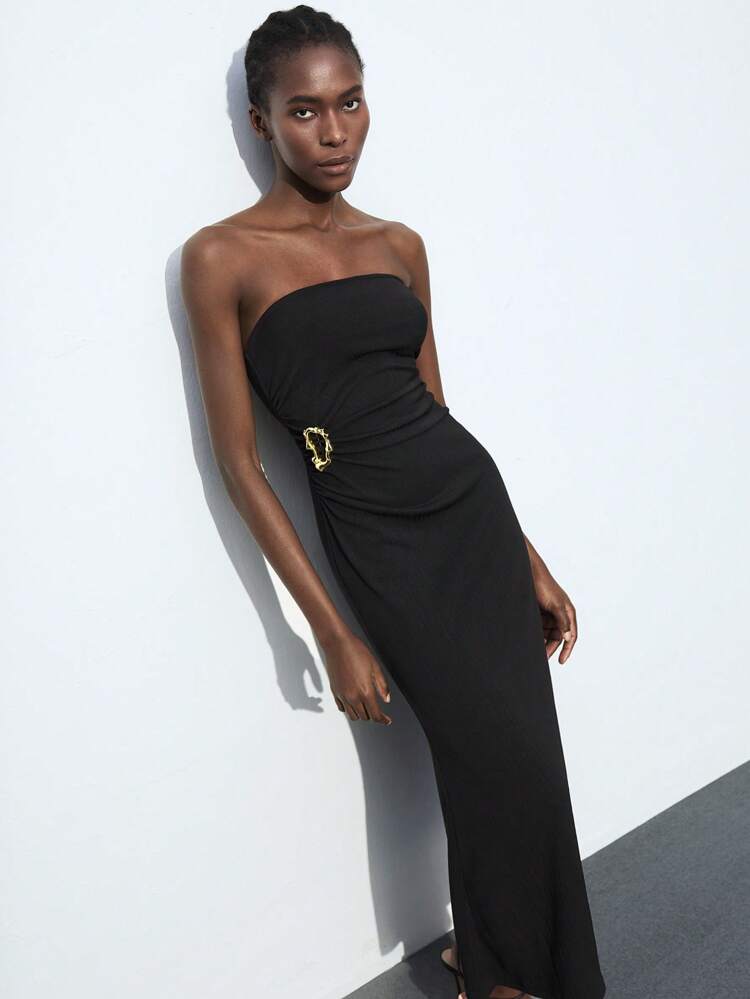 SHEIN Maija 2025 Spring/Summer New Casual Chic Fashion Vacation Comfortable Metal Buckle Women's Dress, Music Festival Beach Travel, Everyday Casual, Romantic Urban Resort, Suitable For Outings, Gatherings, Weddings, Graduation, Ladies Dress Easter Off The Shoulder Top