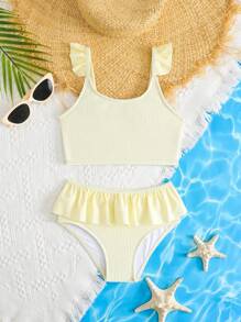 SHEIN Young Girl' Cream Ruffle Trim Bikini Set, Mommy And Me Matching Outfits (3 Sets Sold Separately) - Beige - View 3