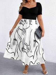 SHEIN Clasi Women's V-Neck Ruffle Sleeve Patchwork Hem Geometric Chiffon Print Dress - Black - View 5