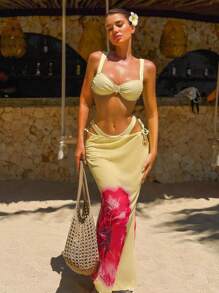 Swim SXY 夏季女士聚拢花卉印花比基尼三件套泳衣，适合海滩度假 - 黃色 - 查看 1