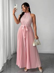 SHEIN Unity Plus Size Women Elegant Romantic Halter Neck Tie Waist Ruffle Jumpsuit - Dusty Pink - View 1