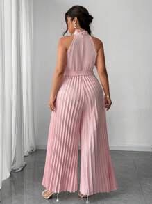 SHEIN Unity Plus Size Women Elegant Romantic Halter Neck Tie Waist Ruffle Jumpsuit - Dusty Pink - View 3