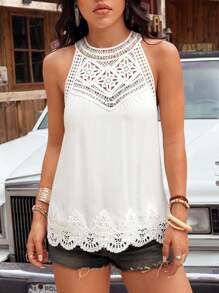 SHEIN EZwear Women's Vacation Casual White Woven Lace Patchwork Halter Top - White - View 5