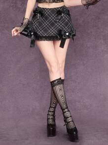 ROMWE Goth 黑色和灰色格子哥特宫廷可爱学院风蝴蝶结女式迷你裙 - 黑色 - 查看 1