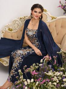Al Najma Women's Floral Print Patchwork Ruffled Elegant Arabic Style Dress - Navy Blue - View 7