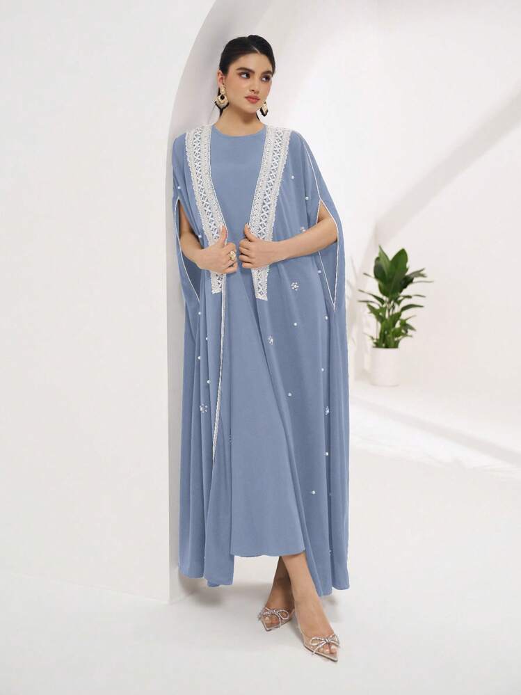 SHEIN Najma 女士对比色蕾丝拼布仿珍珠装饰优雅阿拉伯长袍 - 藍色 - 查看 4