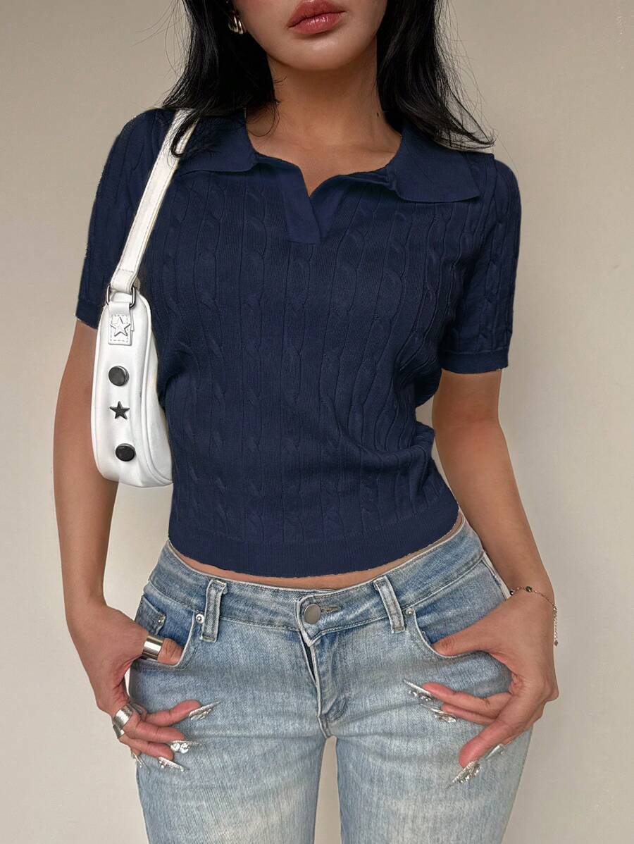 Flirla Women Twist Rope Polo Collar Short Sleeve Casual Knit Top