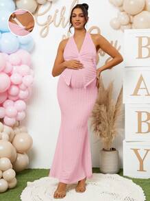 Loomaby 2pcs Maternity Gender Reveal Dress Set For Baby Shower Party - Pink - View 1