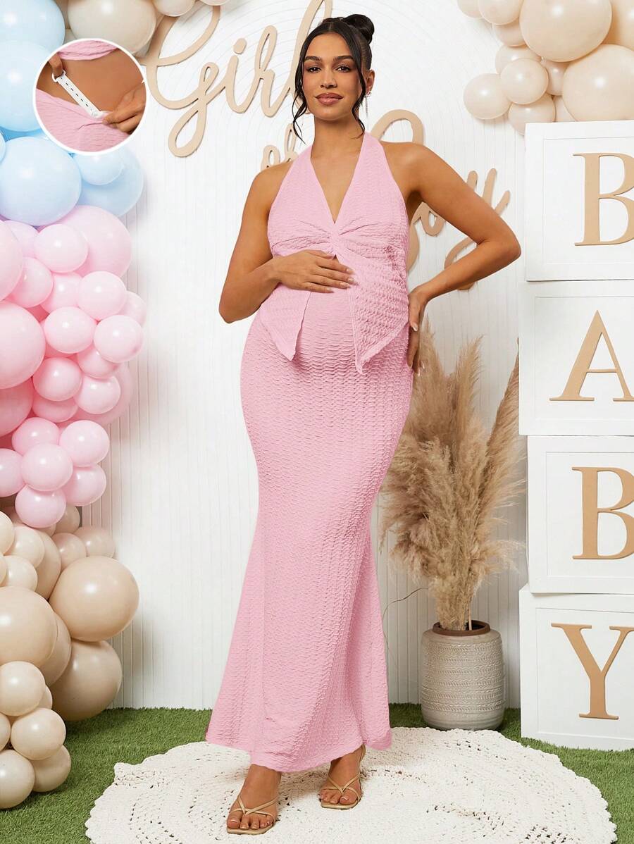 Loomaby 2pcs Maternity Gender Reveal Dress Set For Baby Shower Party - Pink - View 1