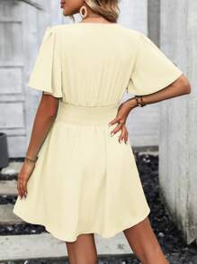 SHEIN Clasi Solid Color V-Neck Ruched Short Sleeve Long Wrap Dress - Yellow - View 2