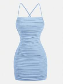 SHEIN Girlism Teen Girls Light Blue Mesh Knit Elastic Snug Fit Mini Camisole Dress, Suitable For Spring Summer, Valentine's Day, Party, Casual Wear - Baby Blue - View 3