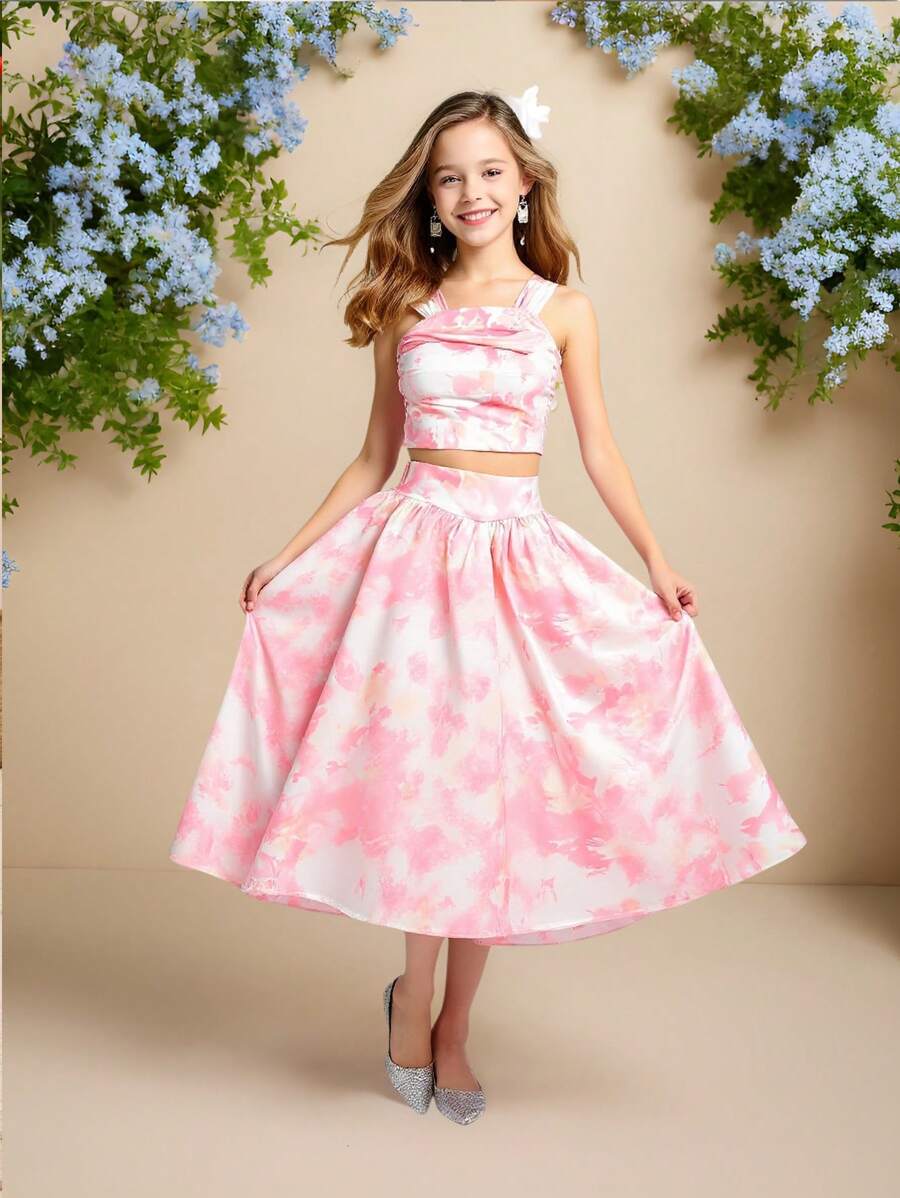 女童两件套花卉印花露背上衣和裙子套装，度假乡村甜美风格 - 粉色 - 查看 1