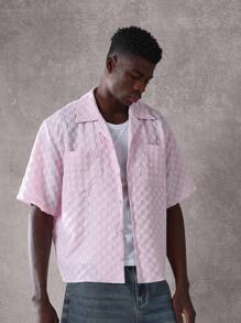SUMWON Designer Boxy Fit Textured Summer Shirt Cuban Collar Classic Checkerboard Pattern Casual Resort Vacation Button Down Holiday Wear Short Sleeve - Pink - View 2