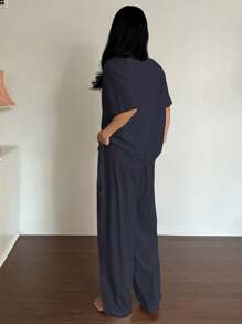 DAZY 2 件套女士睡衣套装，字母印花柔软舒适休闲套装睡衣 - 藏蓝色 - 查看 2