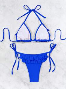 Swim Mod 2pcs/Set Women Plain Halter Neck Triangle Bikini Top And Lace-Up Side Swim Bottom With Multi-Layer Ruffle Trim Adult Swimsuit For Summer Beach Vacation - Royal Blue - View 5