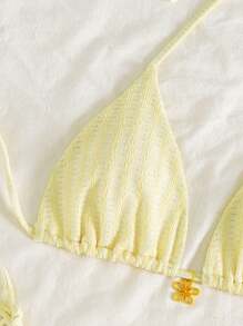 Swim Mod Textured Plain Bikini Set With Metallic Accessories For Summer Beach Vacation - Yellow - View 6