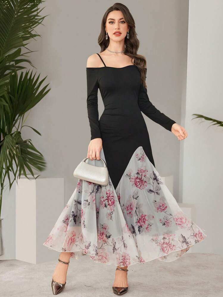 Modelyn Digital Print Long Sleeve Dress With Contrast Hemline - Multicolor - View 3