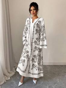 Yasmyna Women Woven Placement Floral Symmetrical Loose Fit Long Sleeve Arabian Dress, Modest - Multicolor - View 4