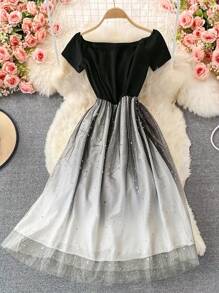 SHEIN LUNE Plus Size Women Off Shoulder Gradient Sequined Chiffon & Mesh A-Line Midi Dress For Party - Black and White - View 2