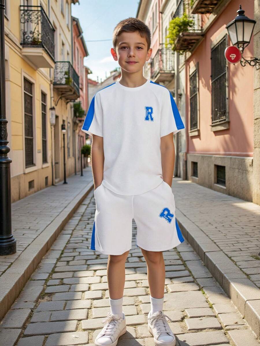 SHEIN 2pcs Tween Boy Casual Korean Style Letter Print Color Block Textured Waffle Fabric Short Sleeve T-Shirt And Shorts Set, Suitable For Commuting, School, Daily Casual, Sports, Spring/Summer - White - View 1