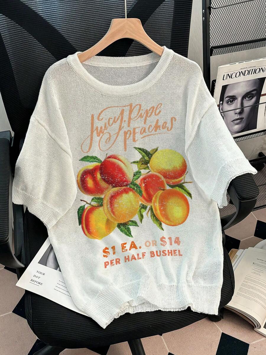 SHEIN LUNE 女士夏季休闲宽松桃色字母印花 T 恤 - 白色 - 查看 1