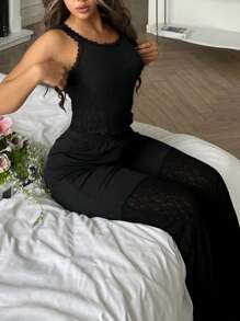 Lace Patchwork Camisole & Romper Women Pajama Set - Black - View 7