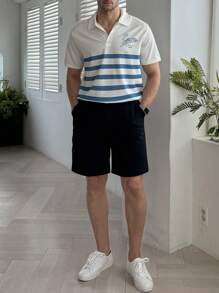 DAZY Summer Men's Abstract Letter Printed Striped Polo Shirt - Blue and White - View 9