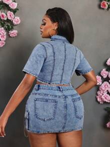 Slaydiva Plus Size Solid Color Hollow-Out Reversible Short Sleeve Denim Jacket, Summer Sexy - Light Wash - View 2