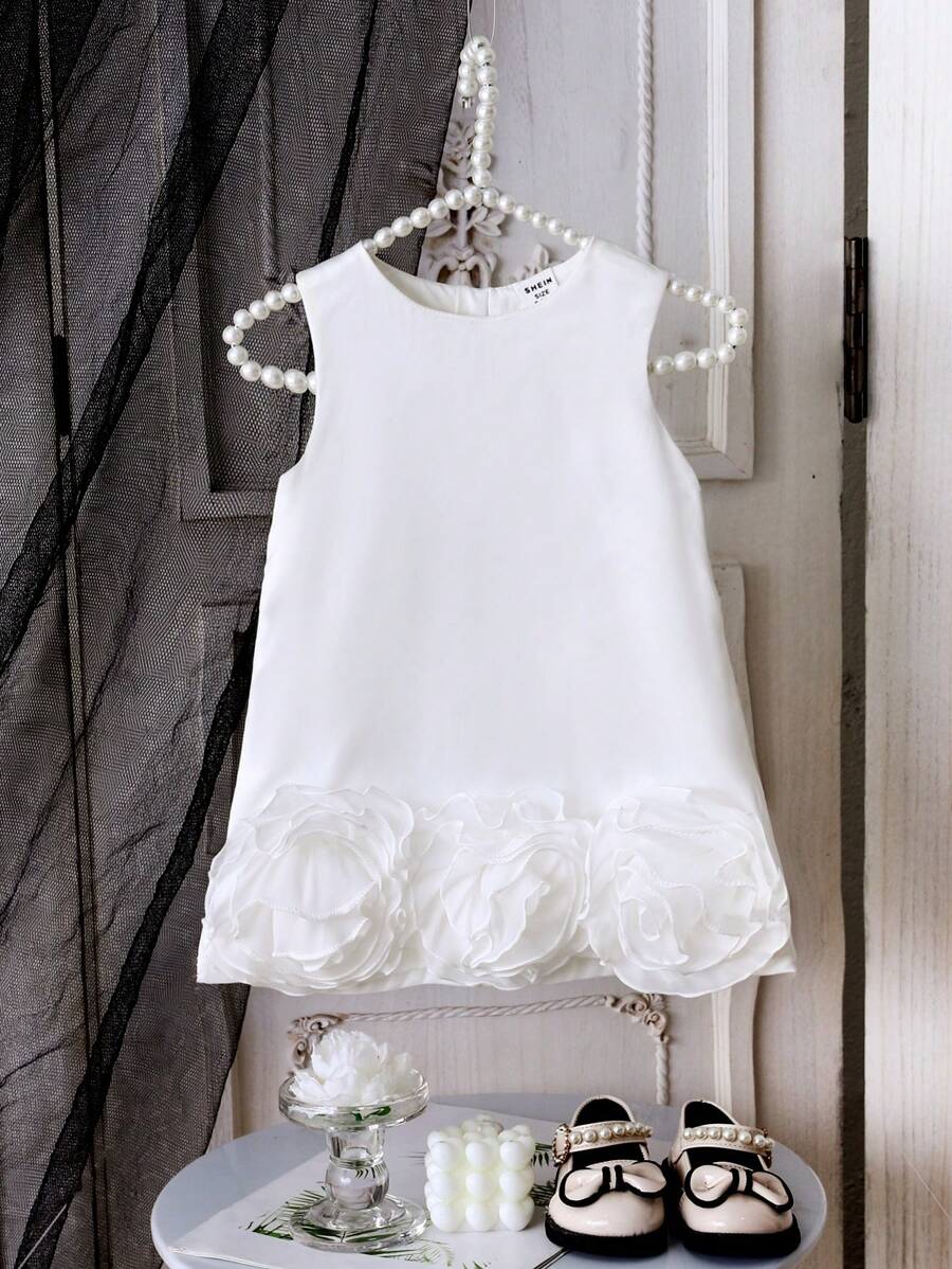SHEIN Elladie kids Vestido elegante de satén de alta gama con lazo floral 3D y espalda desmontable para niñas pequeñas, vestido de princesa de fiesta de verano - Blanco - Ver 1