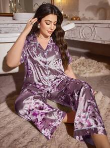MuseNap CURVE Plus Size Floral Print Faux Silk Short Sleeve Top And Pants Pajama Set - Multicolor - View 5