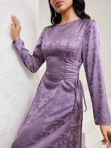 Veilorie Damen Blumen Jacquard Rundhals Langarm Kleid mit Bindung an der Taille, elegant