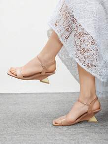 CUCCOO BIZCHIC Apricot Patent Leather Wedge Platform Open Toe Slide Sandals With Strap Design - Apricot - View 5