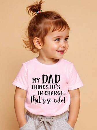 Baby Girls Black English Letter Print Casual Round Neck Short Sleeve Top, Summer
