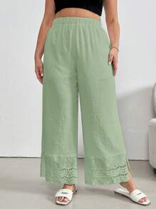 SHEIN Essnce Plus Size Women's Clothing Summer Clothes Summer Tops Fashion Casual Commuting Elegant Work Splicing Lace Linen Pants Petite Dress Pants White Wide Leg Women Pants - Mint Green - View 1