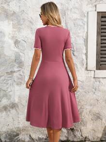 EMERY ROSE Women's Mid-Length Solid Color Dress With Short Sleeves, Simple & Fashionable, Suitable For Summer - Purple - View 2