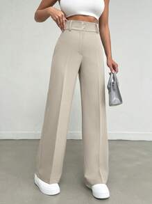 EURMUSE Women's Solid Color Elegant High Waist Long Straight Pants With Pleated And Button Details On Waist