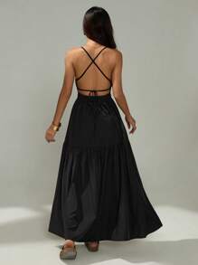 SHEIN PETITE Đầm đen hở lưng đơn giản màu trơn đơn giản cho nữ - màu đen - Xem 2