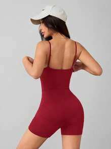 SHEIN PETITE Casual Simple Solid Color Suspender Jumpsuit Suitable For Summer Tight Women's Bodysuit - Burgundy - View 2