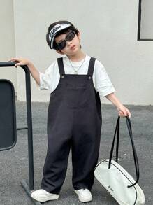 SHEIN Young Boys' Casual Comfortable Solid Color Bib Overall Pants, Versatile For Outing And School - Black - View 4