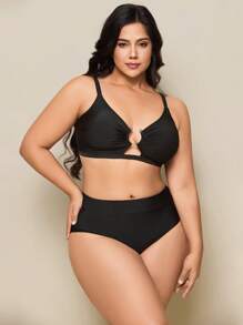 Swim Basics Solid Color Bikini Set, Ruffled Straps, Adjustable Shoulder Straps, High Waist Bottom, 2 Pieces Swimwear Set, Plus Size For Summer Beach Vacation - Black - View 4